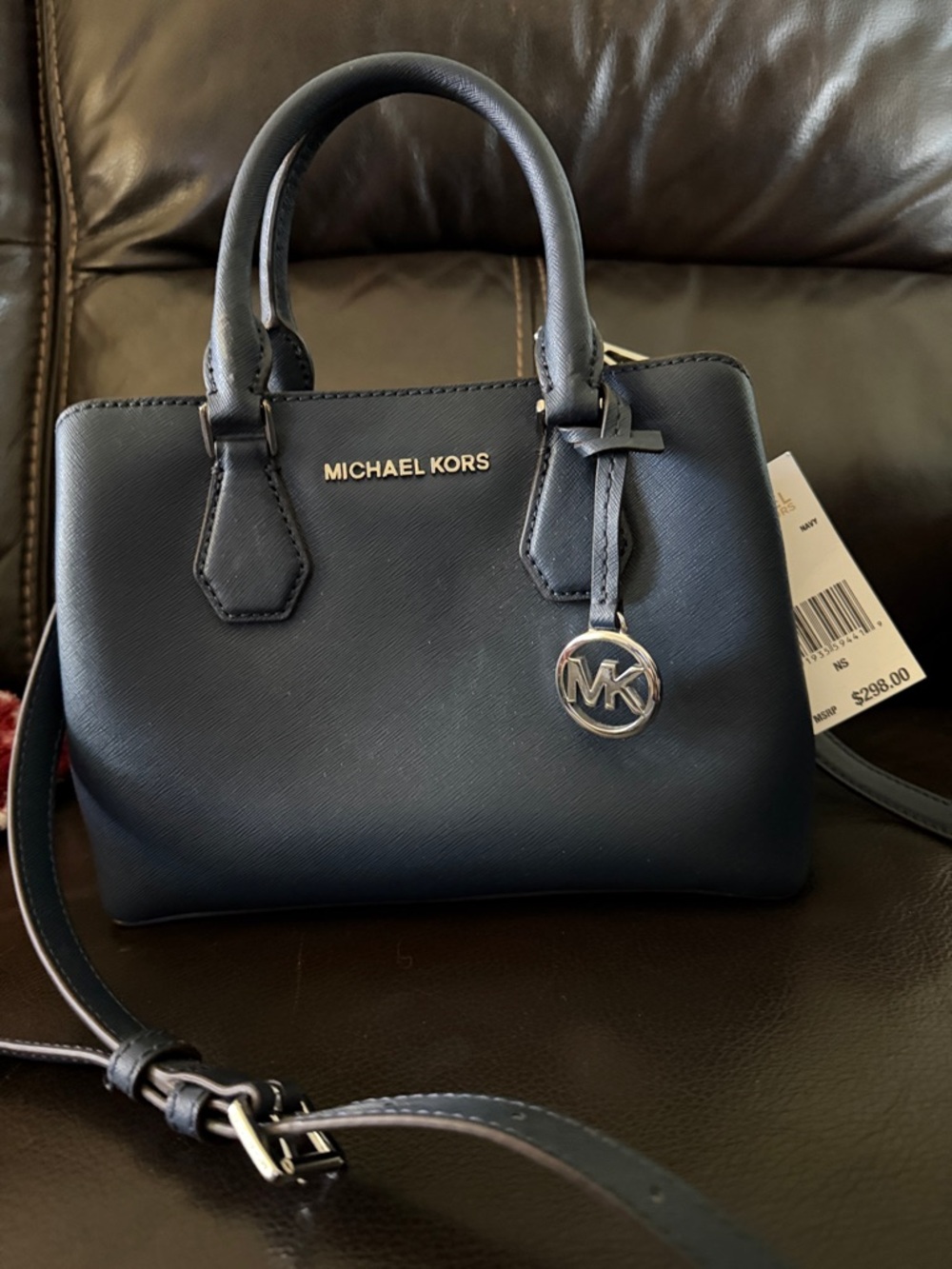 Michael Kors Navy Saffiano Leather Small Satchel with Gold Logo Charm